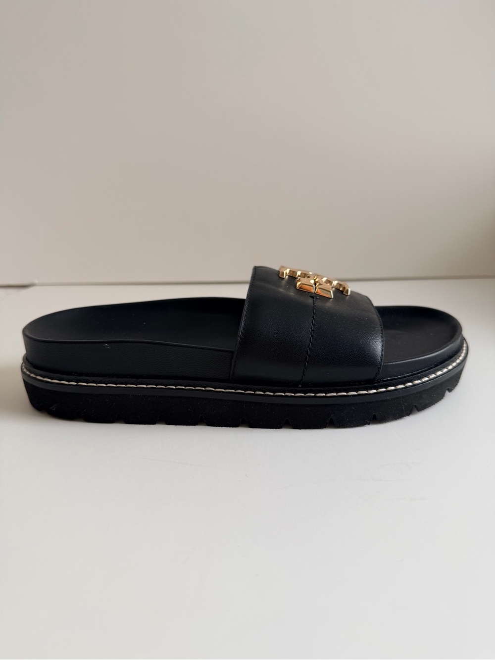 Tory Burch Black Leather Slide Sandals with Gold Emblem - Picture 5 of 5